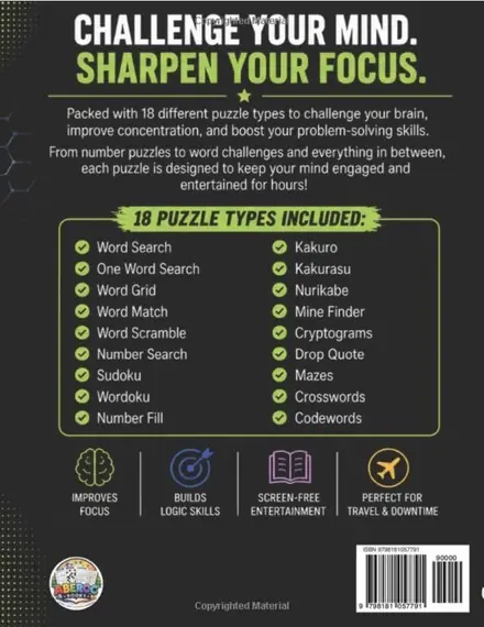 Focus & Logic Puzzle Book, back cover listing 18 puzzle types