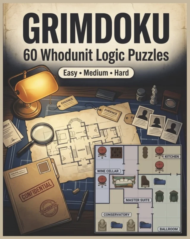 GRIMDOKU: 60 Whodunit Logic Puzzles, Easy, Medium and Hard, front cover