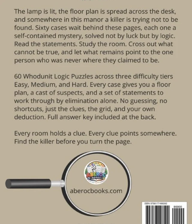 GRIMDOKU: 60 Whodunit Logic Puzzles, back cover