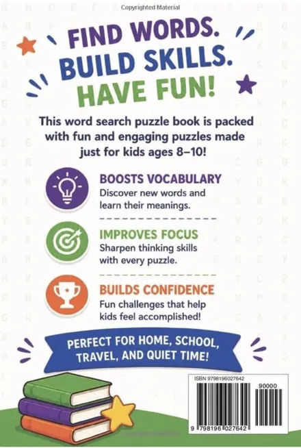 Word Search Puzzle Book for Kids 8–10, back cover