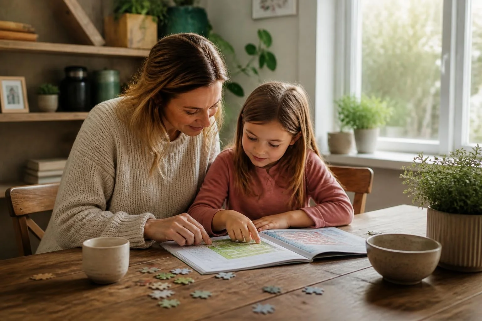 A mother and daughter working through a word search puzzle book together at the kitchen table